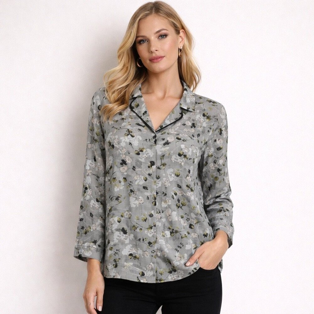 CAbi Matinee Blouse Style #5204 Gray Floral semi-Sheer Button-Down size small